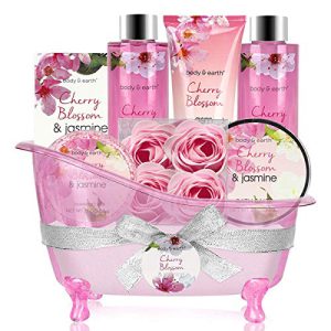 Gift Basket for women - Spa Gift Baskets Body&Earth 8 Pcs Bath Set for Women Includes Bubble Bath, Shower Gel, Body & Hand Lotion, Bath Salts and More with Cherry Blossom & Jasmine Scent for Home Spa