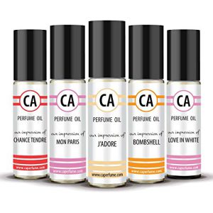 CA Perfume 2020 Most Attractive Women Set Impression of (Love in White + Bombshell + Chance Tendre + Jadore + Mon Paris) Fragrance Body Oils Travel Size Roll-On (0.3 Fl Oz/10 ml) x5