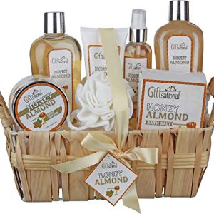Spa Gift Basket with Honey Almond Fragrance, Includes Shower Gel, Bubble Bath, Body Lotion, Body Butter, and Much More, Great Birthday Anniversary or Christmas Gift for Women and Girls